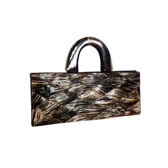 Shira Leah Woven Shell & Resin Handbag Brown Satin Lined Purse w Lucite Handle - Picture 1 of 6